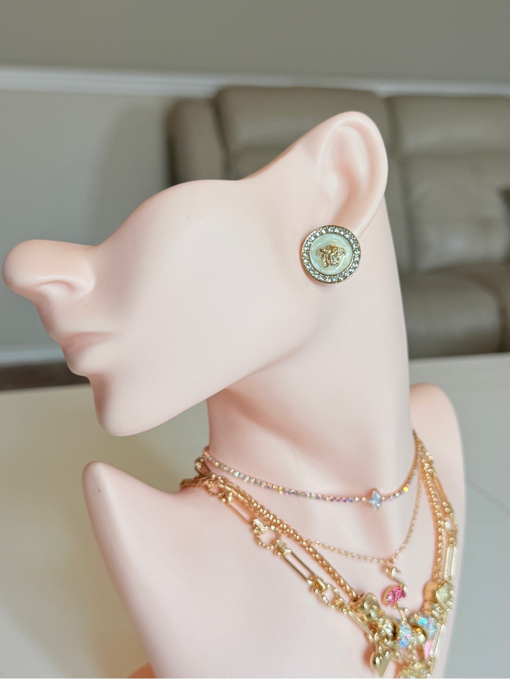 Versace Gold Tone Medusa Logo Crystal Stud Earrings -